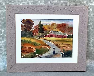 Vintage L. Miller Fauvist Watercolor Painting Landscape With Man Walking Home • $45