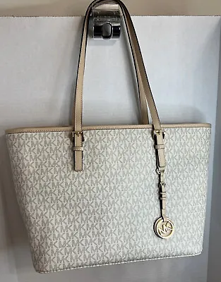 Michael Kors Large Jet Set Logo Monogrammed Travel Tote Purse Vanilla-NEW • $180