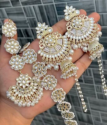 Bollywood Indian Gold Plated Pearl Sheeshfool Mang Tika Jhumka Combo Jewelry Set • $22.79