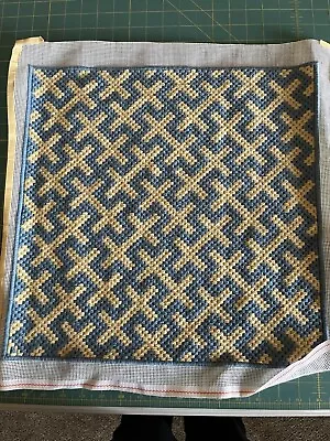 Needlepoint Completed Canvas Geometric 16” X 16” Blue And Cream • $9.99