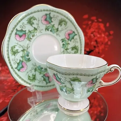 Foley Vintage Green Thistle Blue Bone China Tea Cup & Saucer UK BX31 • $20