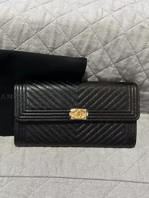 CHANEL Boy Chevron Long Flap Wallet In Black/Gold 18C Cruise 2018 Collection • $1600