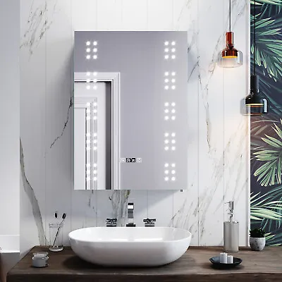 LED Bathroom Mirror Cabinet With Demister Shaver Socket Clock Dot Light Cupboard • £209.99