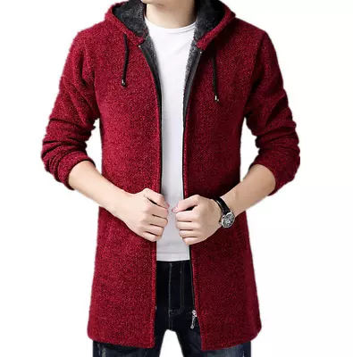 Men Thermal Warm Cardigan Casual Fleece Lined Hooded Jacket Midi Sweater Coat • $55.94