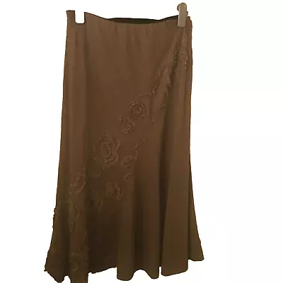 SALOOS Brown Linen Mix Maxi Skirt Size 10 UK Elasticated Waist Tapework Flared • £10.55