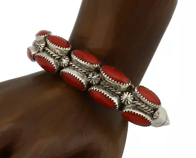 Navajo Bracelet 925 Silver Natural Red Coral Native American Artist C.80's • $900