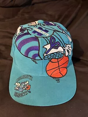 Vintage Charlotte Hornets The Game Big Logo Snapback Hat 90s Cap Teal NBA • $225