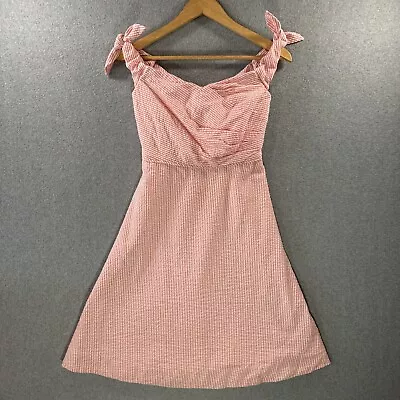 J. Crew Pink Seersucker Stripe Sleeveless Fit & Flare Dress Womens 0 Bow Straps • $22.95