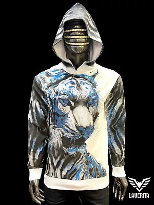 New Mens White Slim Fit Hoodie Sweatshirt Black Blue Tiger Print Rhinestones • $39.99