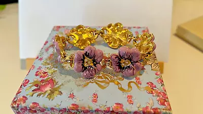 Vintage Nolan Miller Gold Purple Rhinestone Pansy Flower Bracelet • $20.50