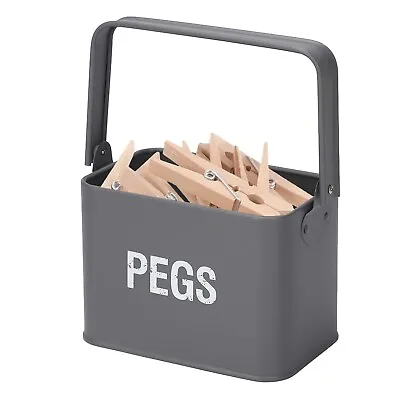 Peg Storage Metal Tin Holder Caddy Washing Line Laundry Container Handle Grey • £9.99