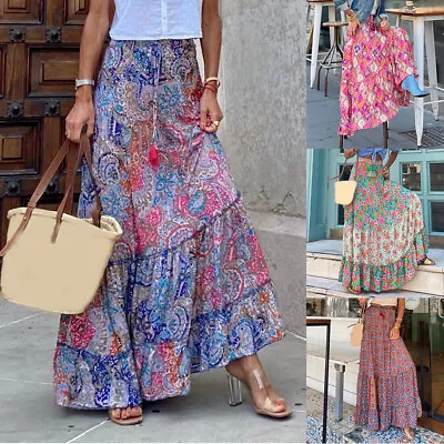 Womens Boho Floral Long Maxi Skirt Ladies High Waist Beach Holiday A-Line Dress • $7.49