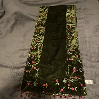 Vintage Dk Green Velvet Table Runner Beaded Ends W Embroidered Red Floral Edges • $19.87