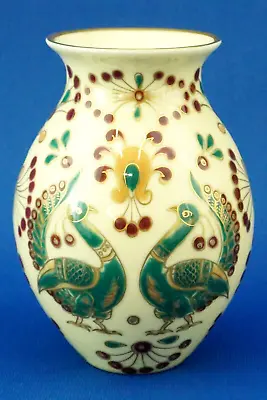 Zsolnay PECS Rare Porcelain VASE Enamels Peacock Flowers Hungary 1900 Art Decò • £139