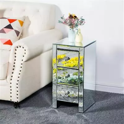 Mirrored Nightstand Side Table Mirror Bedside Stand 3 Drawer Storage Bedroom • $119.99