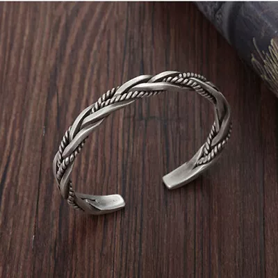 Men 925 Sterling Silver Thai Handmade Vintage Open Bangle Twisted Cuff Bracelet • $5.88