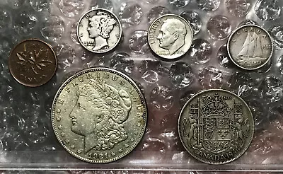 Vintage Coins Some Worn Or Cleaned- Silver Morgan Dollar + Canada Half  + More • $46.99