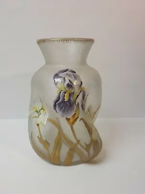 French Art Glass Mont Joye Delvaux Enameled 11.25  Vase Chipped Ice Texture • $2250