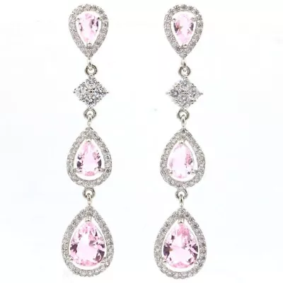 Pretty Long Big Pink Kunzite CZ Women Wedding Silver Earrings  • $6.52