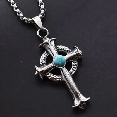 Mens Vintage Turquoise Celtic Cross Pendant Necklace Stainless Steel Chain 24  • $11.99