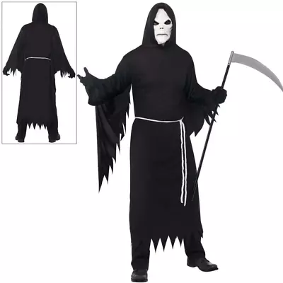 Black Grim Reaper Costume + White Mask Mens Halloween Ghost Fancy Dress • £21.99