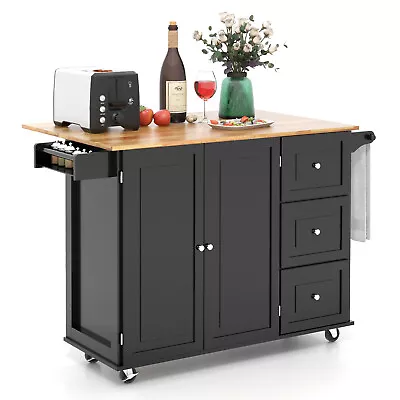 Giantex Kitchen Island Cart On Wheels W/ Drop Leaf Spice Holder Black • $389.95