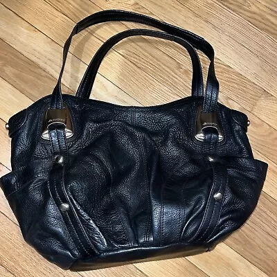 B Makowsky Black Leather Silver Hardware Handbag Hobo Style  Leopard Lining • $50