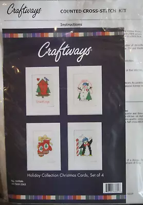 Craftways Counted Cross Stitch Kit Makes 4 Christmas Cards: Snowman Penguin Bird • $10