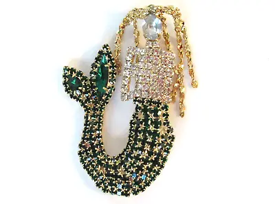 Vintage Mermaid Brooch Pin Green Clear Prong Set Rhinestones Articulated Hair • $32