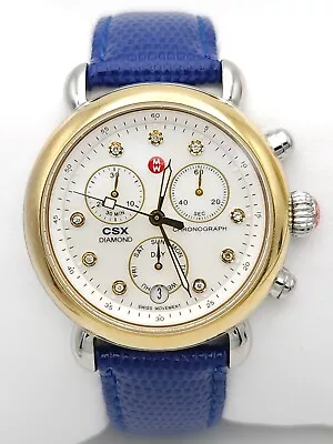 Michele 36mm CSX Diamond MOP Chronograph Watch MW03M00C9046 Blue Leather Strap • $495