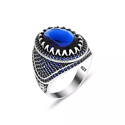 Men Blue Sapphire Stone Ring Oval Sapphire Stone Ring Turkish Handmade Ring • $65