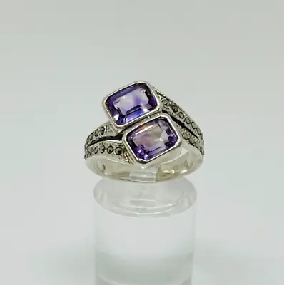 Fully Hallmarked Amethyst & Marcasite Stones Ring 925 Silver Size O1/2~P #19291 • £44.99