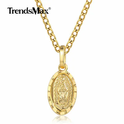 Gold Plated Virgin Mary Pendant Necklace For Men Women Curb Link Chain 18inch • $8.99