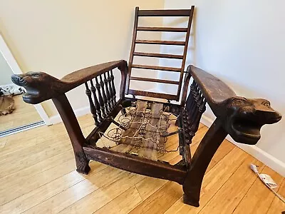 Antique Morris Oak Recliner Chair With Carved Lion Head Arms • $99