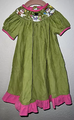 VIVE LA FETE Smocked Bishop Dress Green Pink Snowman Christmas Style Size 18M • $19.99