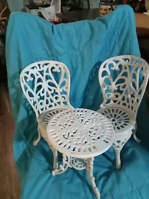 Vintage White Enamel Wrought Iron Doll Table 8 T & 2 Chairs 13”t  • $90