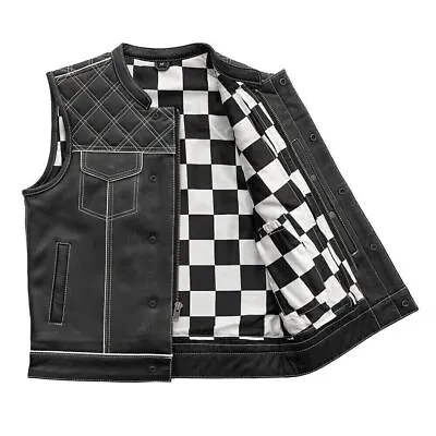 Men's Leather Vest Royal Thread Diamond Motorbike Motorcycle Waistcoat • $35.99