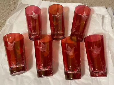 RARE!!! Vintage Red Etched Swan In Cattails Drinking Glass Set Of 7.  Sold As Is • $45