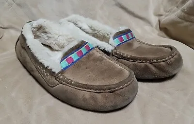 UGG Ansley Womens Size 10 Chestnut Suede Wool-lined Slippers Pink & Teal Stitch • $35.96