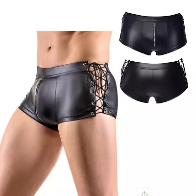 Mens Zipper Crotch Faux Leather Hot Pants Hollow Out Lace-up Shorts Nightclub • £8.63