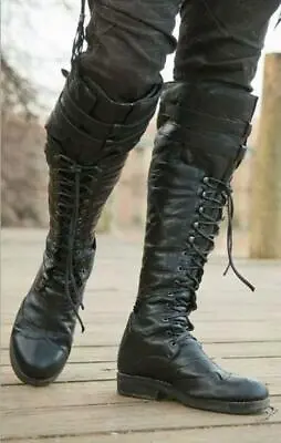 Men's Punk Lace Up Knee High Boots Knight Riding Boots Flat Faux Pu Casual Shoes • $39.90