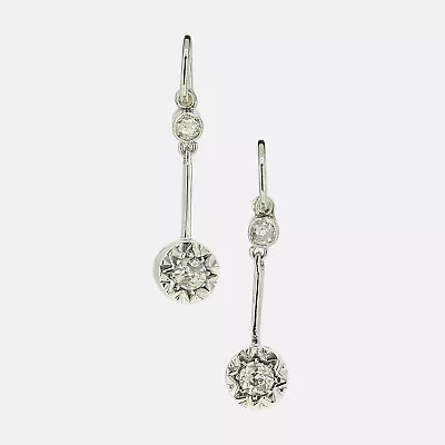 Vintage Old Cut Diamond Drop Earrings - White Gold & Silver • £750