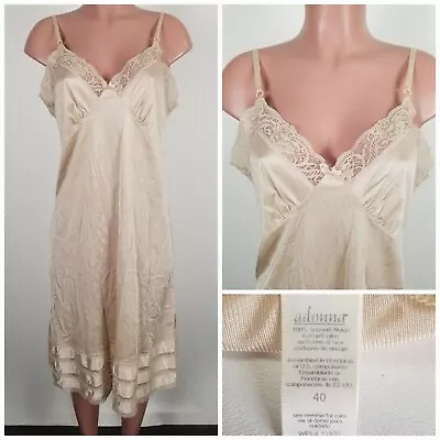 Vintage Adonna Sissy 40 Tall Nylon Full Slip Nightgown Lace Accents Beige • $29.99