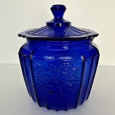 Vintage Cobalt Blue Mayfair Depression Glass Jar. Beautiful Open Rose Pattern. • $32