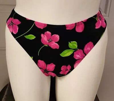 Vintage Catalina Swim High Waist High Cut Bottoms Black/Bright Pink Floral Sz L • $12.99