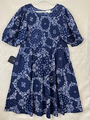 Terra & Sky Womens Plus 1X  Smocked Puff Sleeve Dress Pockets Bandana Navy • $22