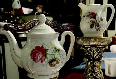 Moss Rose Porcelain Tea Pot & Creamer Vintage • $55