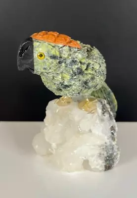 Vintage Carved Parrot Bird Perched On Crystal & Gray Stone Figurine • $29.99