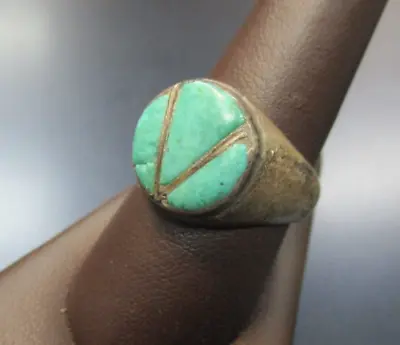 Vintage Old Mens Ring With  Turquoise Inlay Stone  Sterling  Size 9.5 • $47