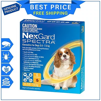 NEXGARD SPECTRA For Dog 3.6 To 7.5 Kg YELLOW 6 Chews Flea Tick Heartworm Control • $90.99